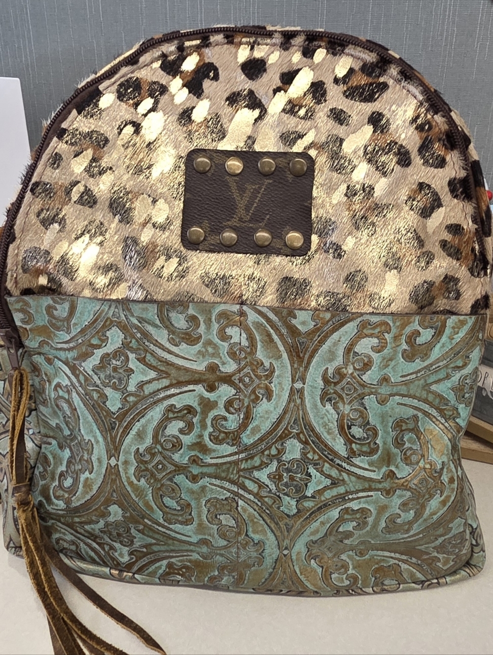 Keep It Gypsy, Upcycled Metallic Leopard Cowhide & Tooled Leather Backpack